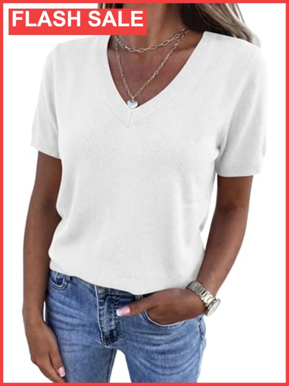Women's Short Sleeve V Neck Sweater Pullover Knit Top